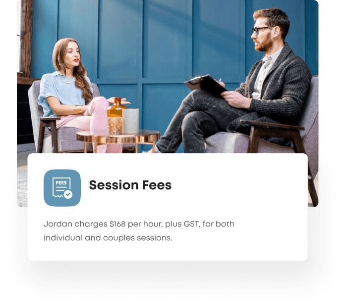 A Clinical Counsellor explaining session fees to a man and woman sitting in a chair.