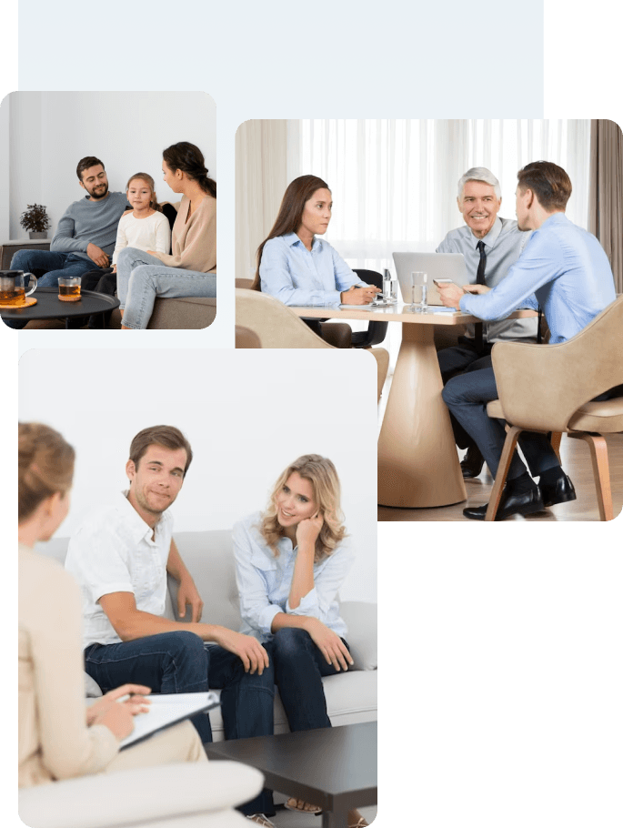 A collage of individuals participating in a couples therapy session.