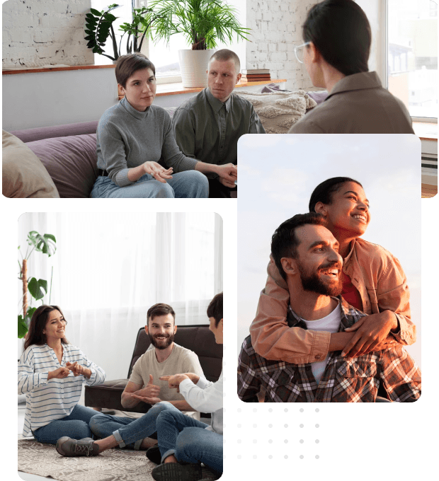 A collage of people sitting in a living room during divorce counseling.