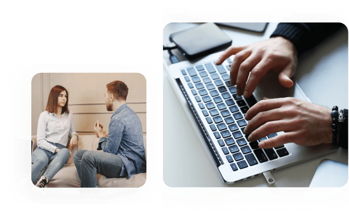 Two individuals seeking couples therapy using a laptop.