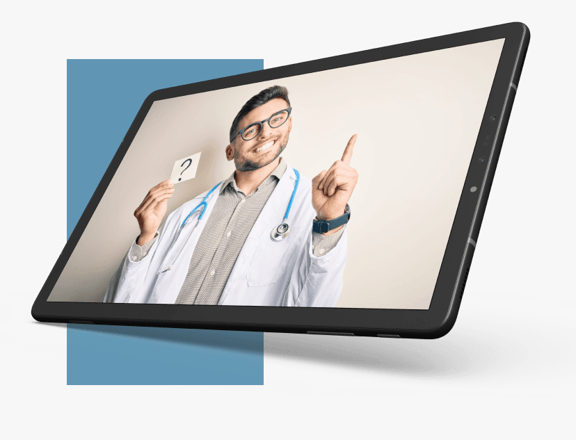 An image of a clinical counselor pointing at a tablet screen.