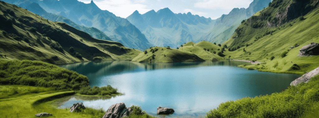 A serene lake surrounded by mountains, promoting mental health and relaxation.