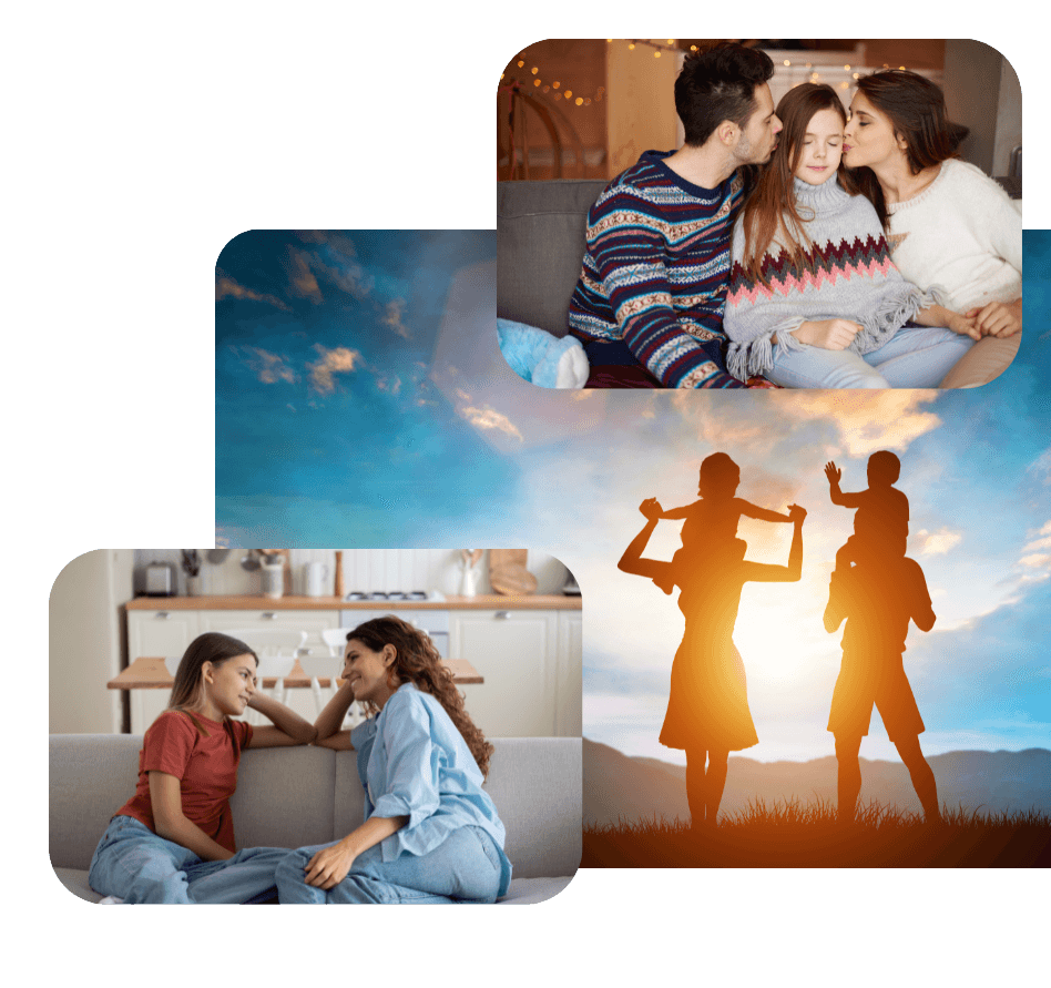 A collage of three images: a family with a child on a couch, a woman and child talking on a couch during divorce counseling, and a silhouetted family at sunset with a child on shoulders.