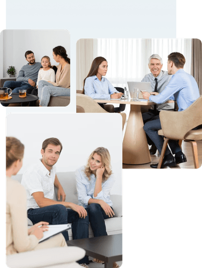 A collage of individuals participating in a couples therapy session.