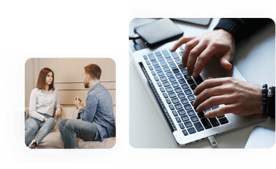 Two individuals seeking couples therapy using a laptop.