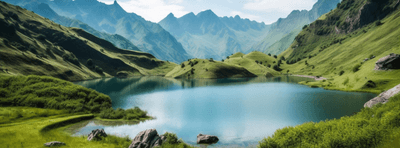 A serene lake surrounded by mountains, promoting mental health and relaxation.