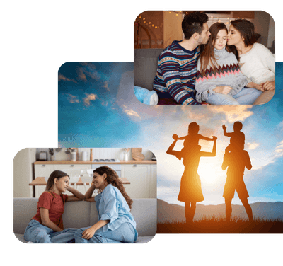 A collage of three images: a family with a child on a couch, a woman and child talking on a couch during divorce counseling, and a silhouetted family at sunset with a child on shoulders.