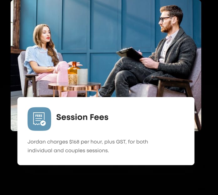 A Clinical Counsellor explaining session fees to a man and woman sitting in a chair.