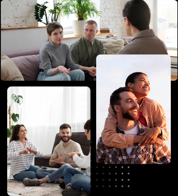 A collage of people sitting in a living room during divorce counseling.