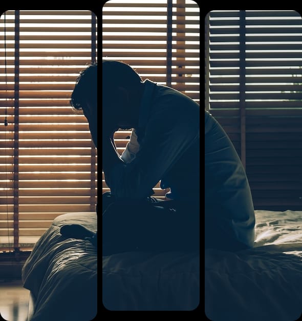 Three silhouettes depicting men's mental health on a bed.