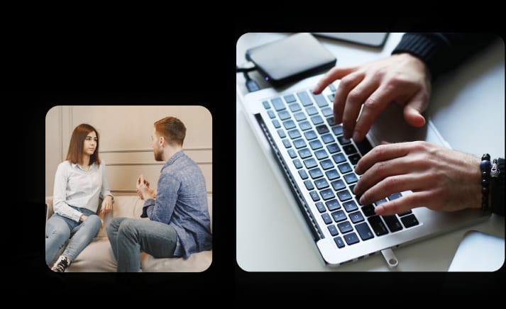 Two individuals seeking couples therapy using a laptop.