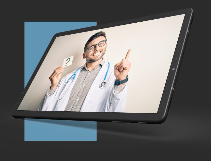 An image of a clinical counselor pointing at a tablet screen.